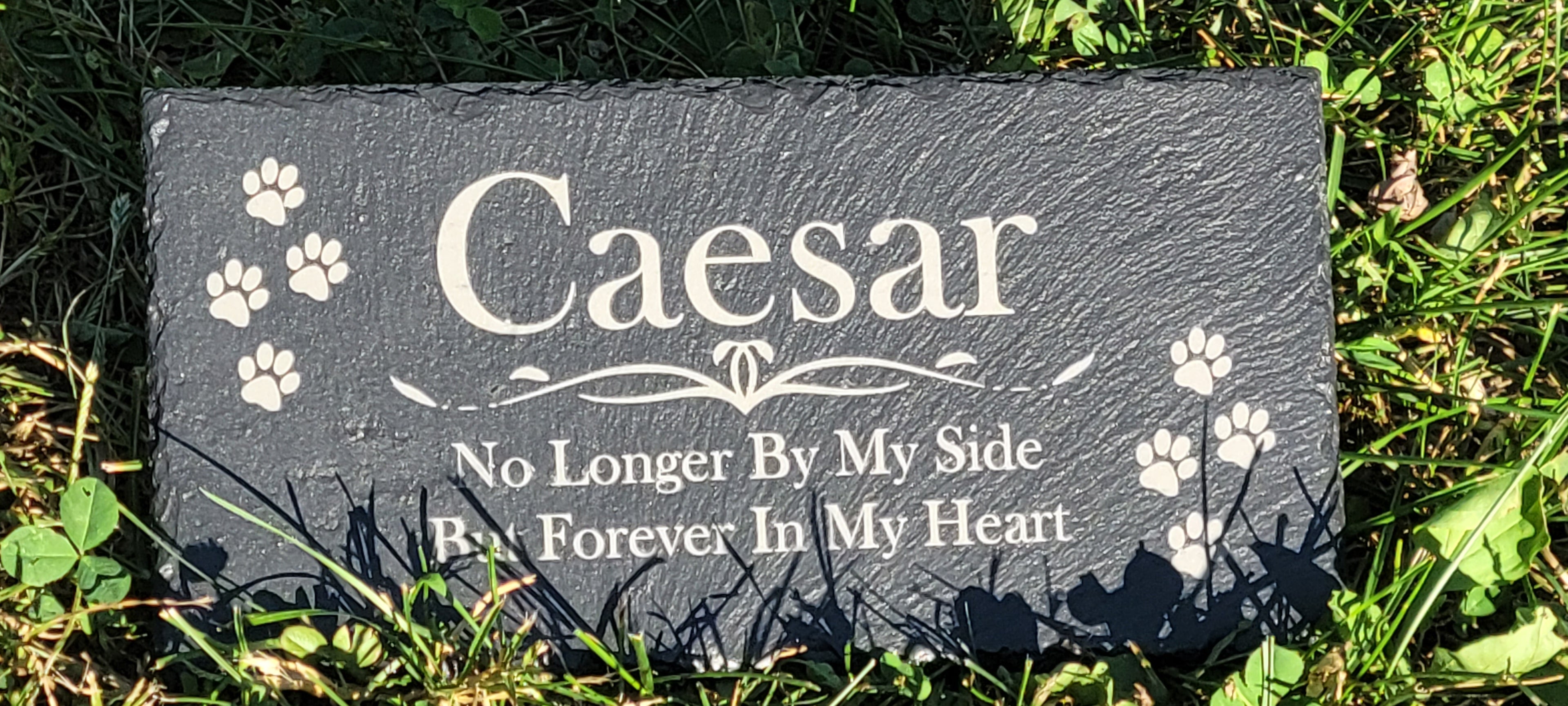 Personalized pet memorial stone with laser-engraved name and paw prints on natural slate