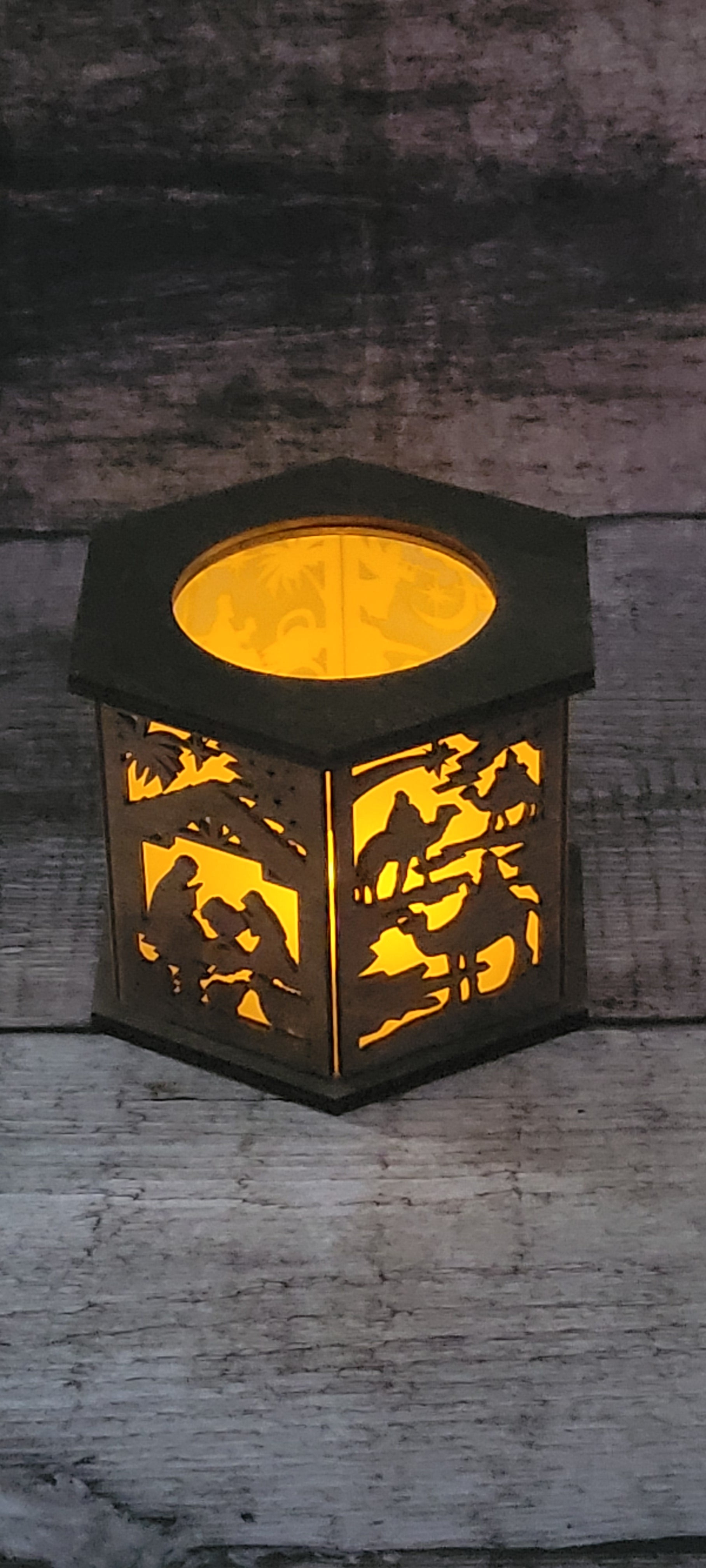 Christmas nativity lantern in sustainably sourced wood with premium rustic finish and holiday details