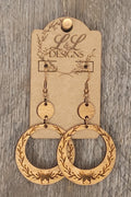 Tiered wood earrings with engraved laurel wreath design in premium natural finish