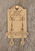 Layered wood cross earrings with dimensional design and natural grain finish