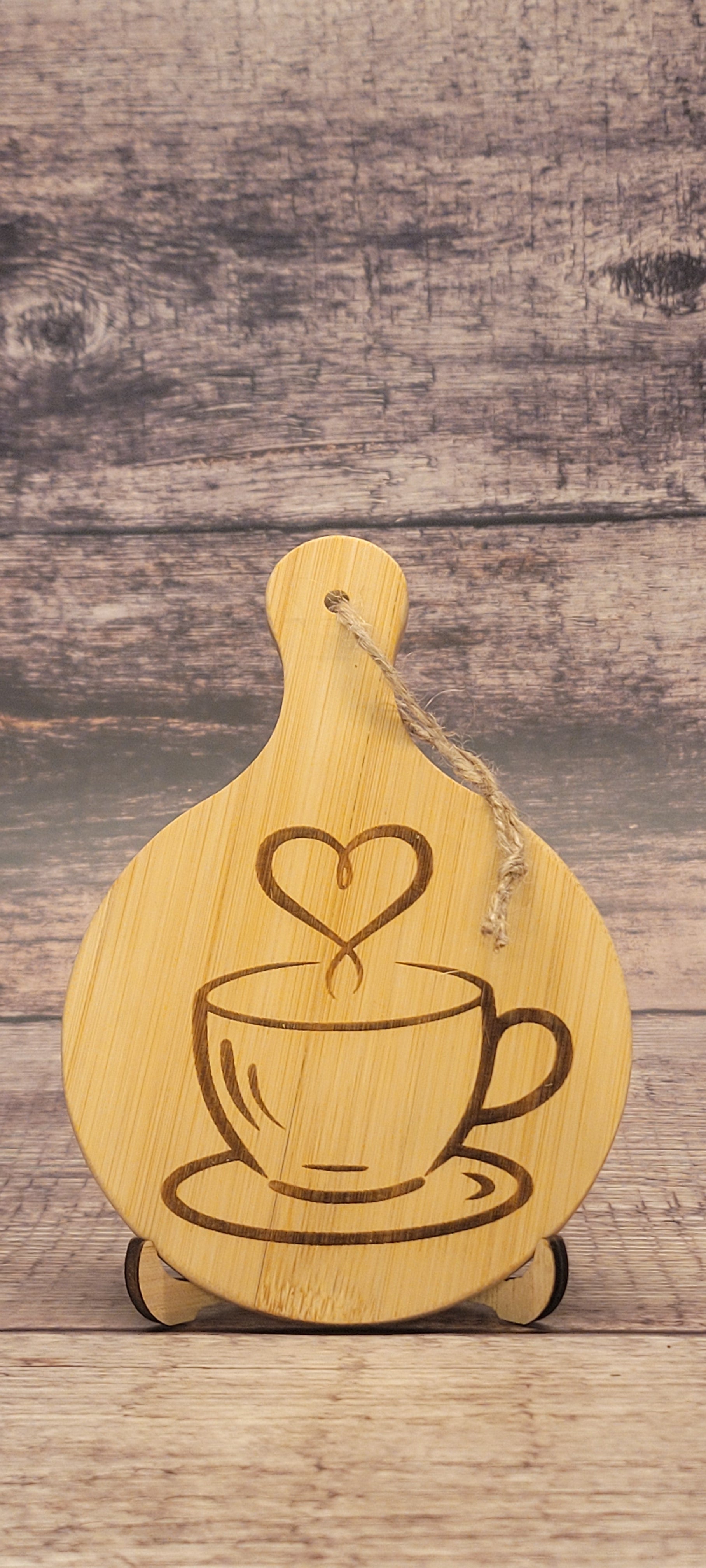 Bamboo charcuterie board with laser-engraved coffee-themed design for coffee lovers