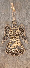 Two-toned laser-cut wood angel ornament with natural and stained finish