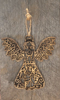 Two-tone wood angel ornament featuring laser-engraved nativity scene