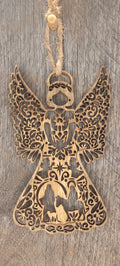 Two-tone wood angel ornament with laser-cut filigree wings and nativity scene