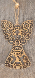 Two-tone laser-cut wood angel ornament with nativity scene detail
