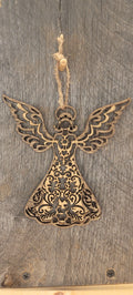 Two-tone wood angel ornament with layered filigree wings and star detail