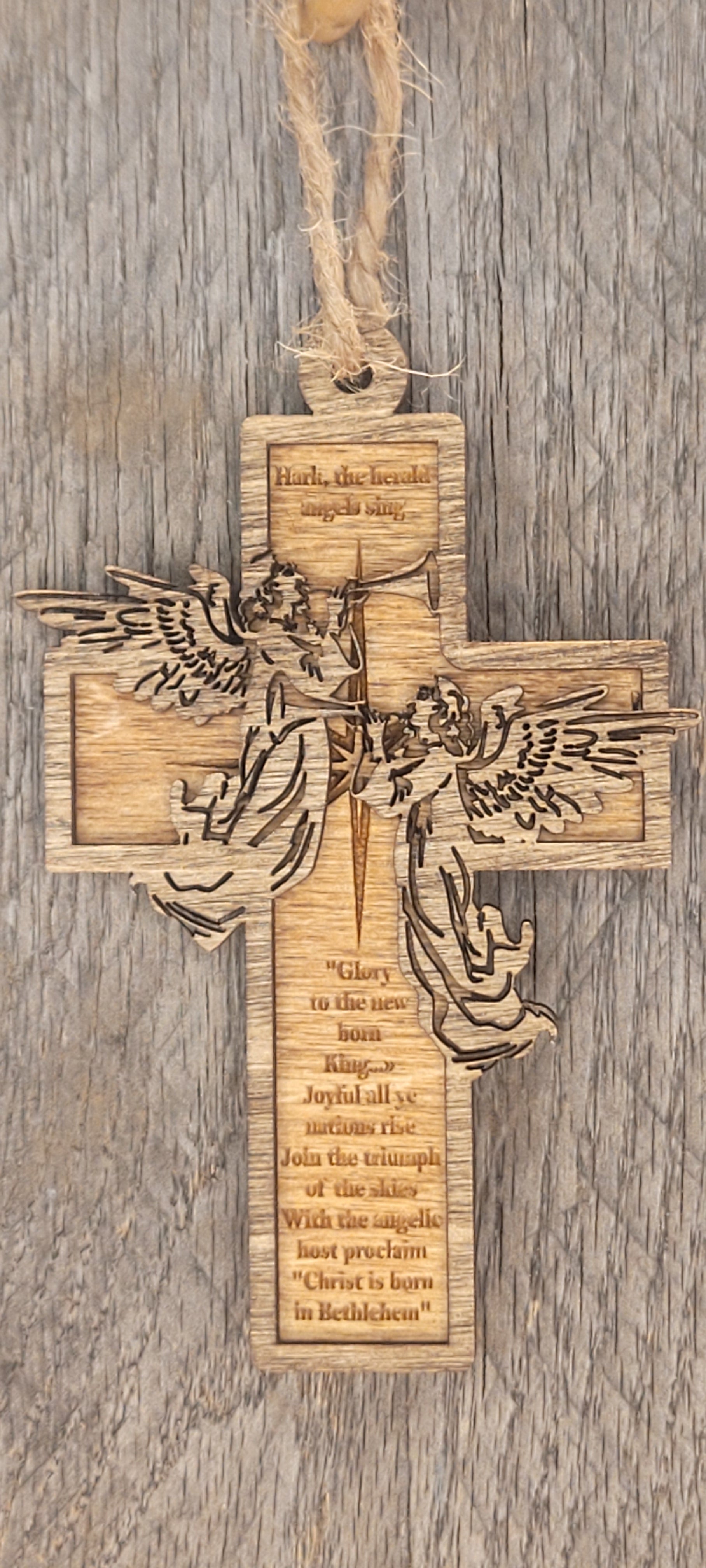 Two-tone wood cross ornament with angels and 'Hark the Herald Angels Sing' text