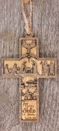 Two-tone wood cross ornament with nativity scene, Bethlehem and Isaiah 9:6 scripture