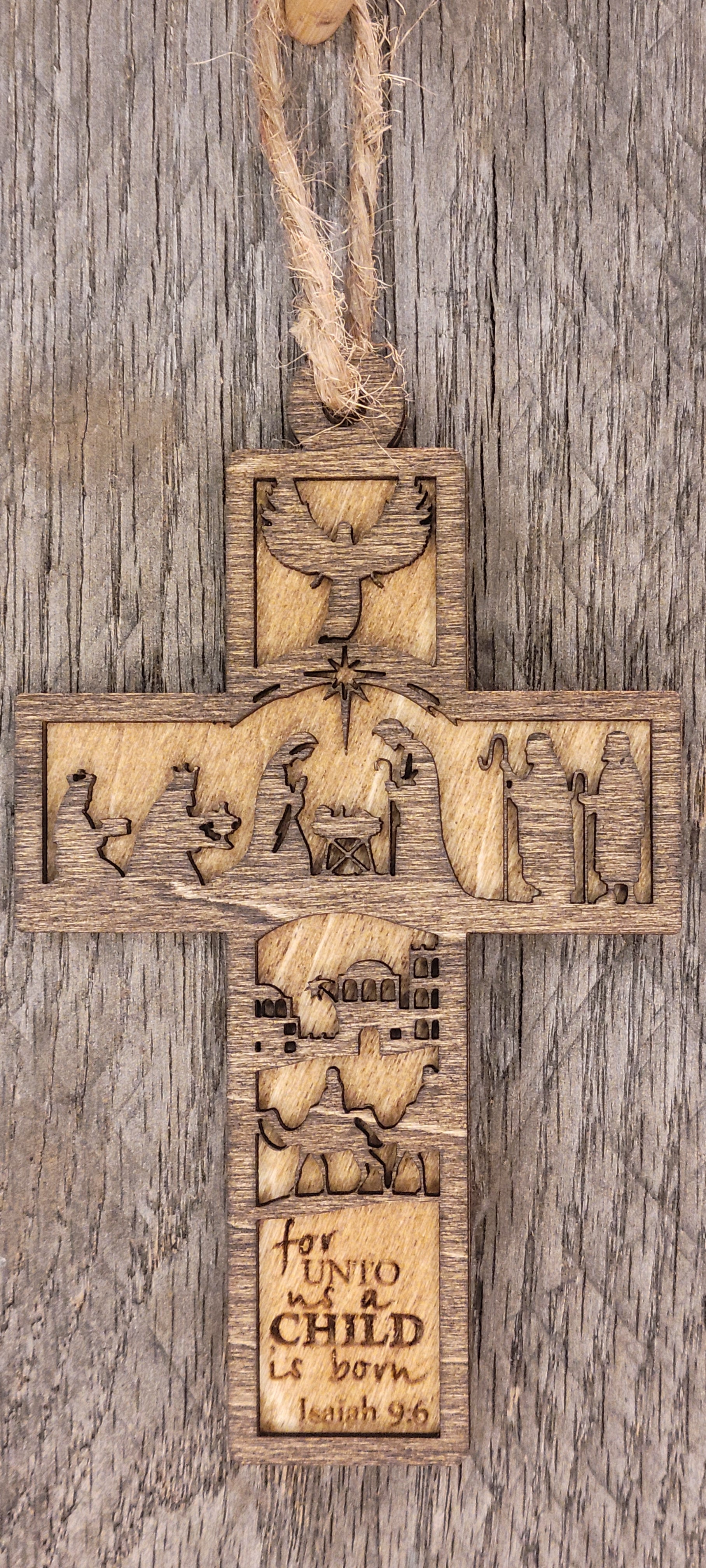 Two-tone wood cross ornament with nativity scene, Bethlehem and Isaiah 9:6 scripture