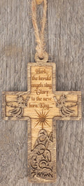 Two-tone wood cross ornament with 'Hark the Herald Angels Sing' lyrics, angels and nativity