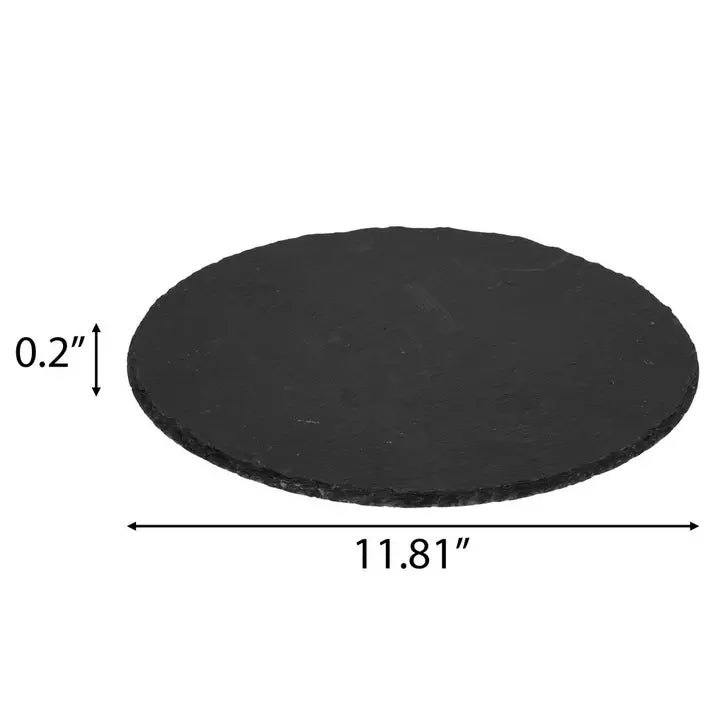 Size reference of personalized round slate pet memorial stone. Dimensions are 11.81 inches by 11.81 inches.