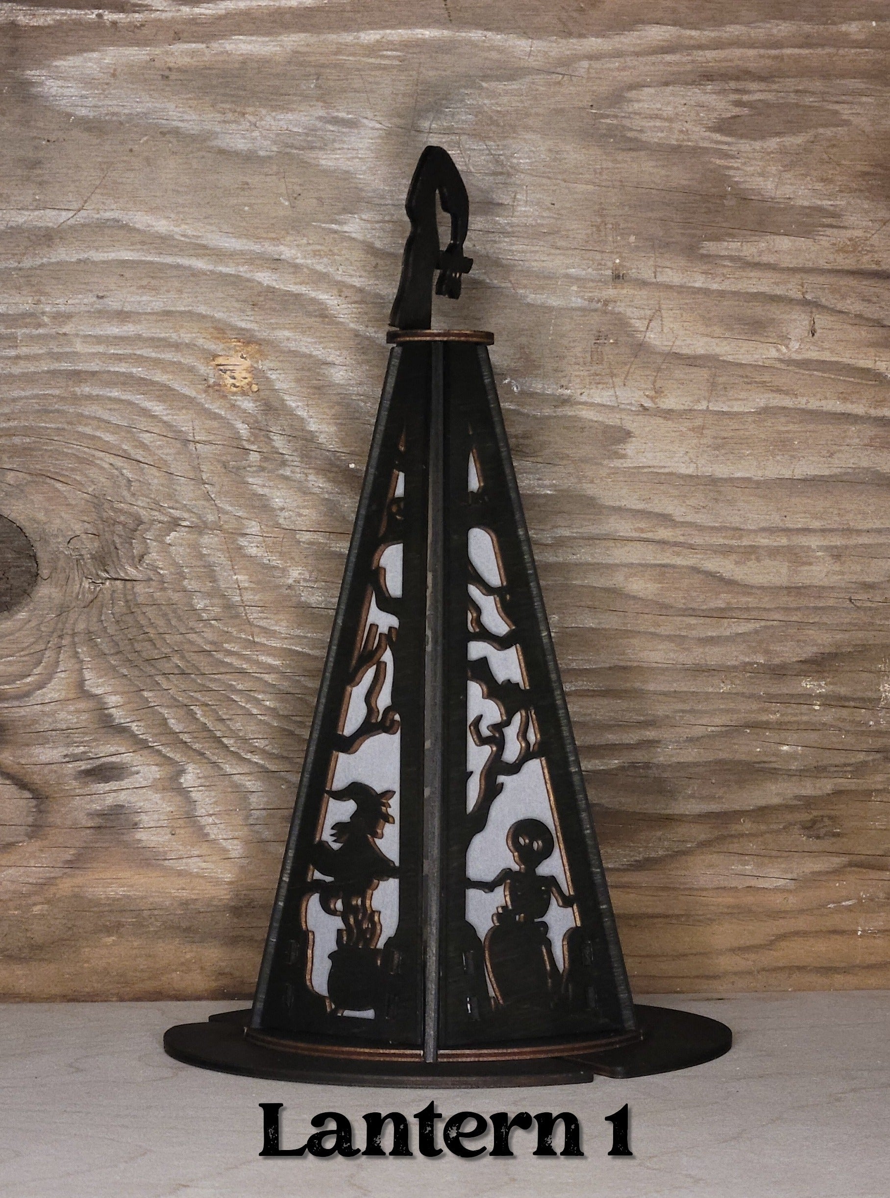 Witches hat lantern style 1 in black wood finish, alternate angle showing pointed hat silhouette