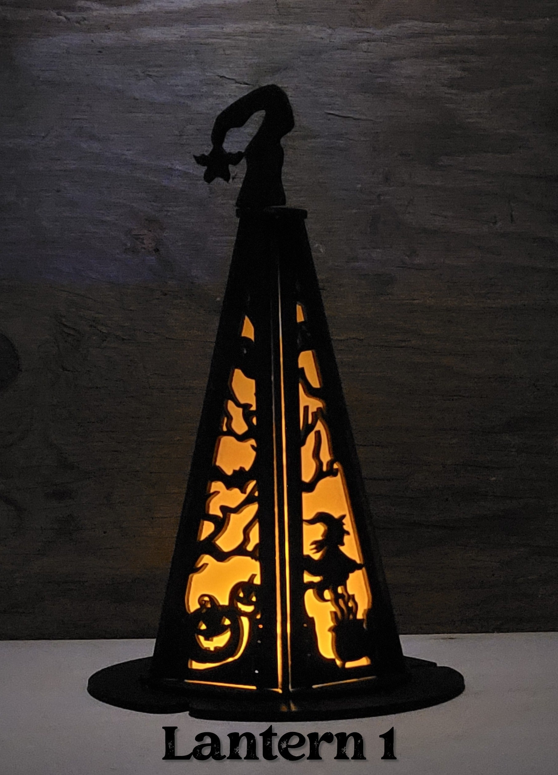 Witches hat lantern style 1 in black wood finish, alternate angle showing pointed hat silhouette